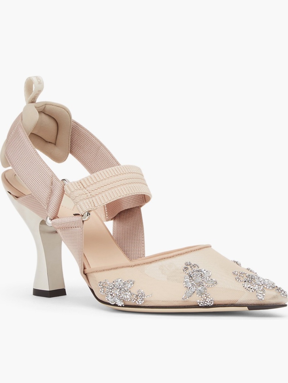Fendi Colibri 85mm Iconic nude and silver Embellished sling back pumps